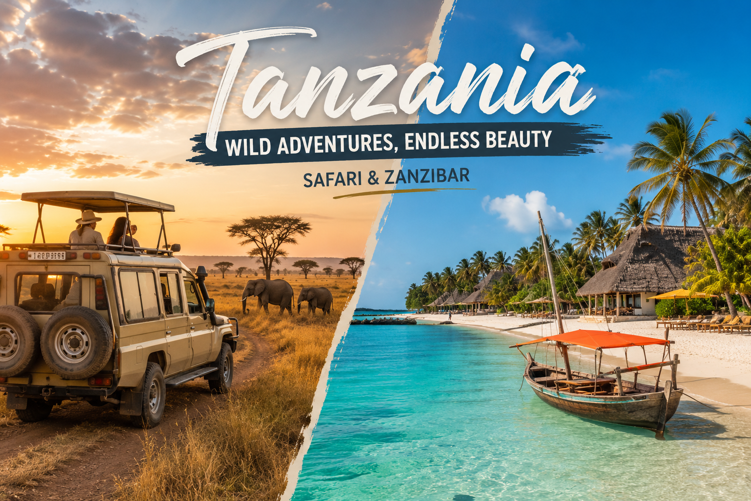safari jeep and Zanzibar beach split image Tanzania