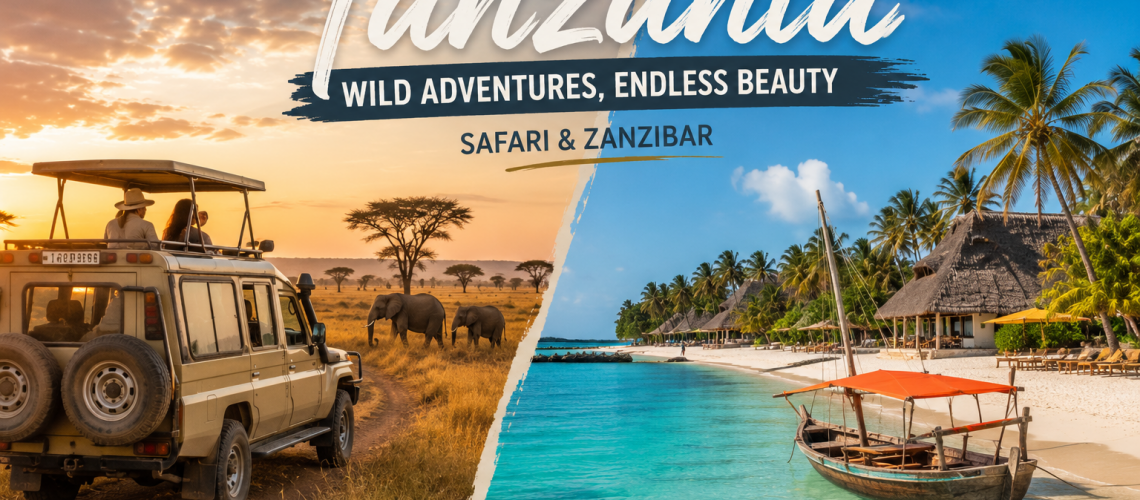 safari jeep and Zanzibar beach split image Tanzania
